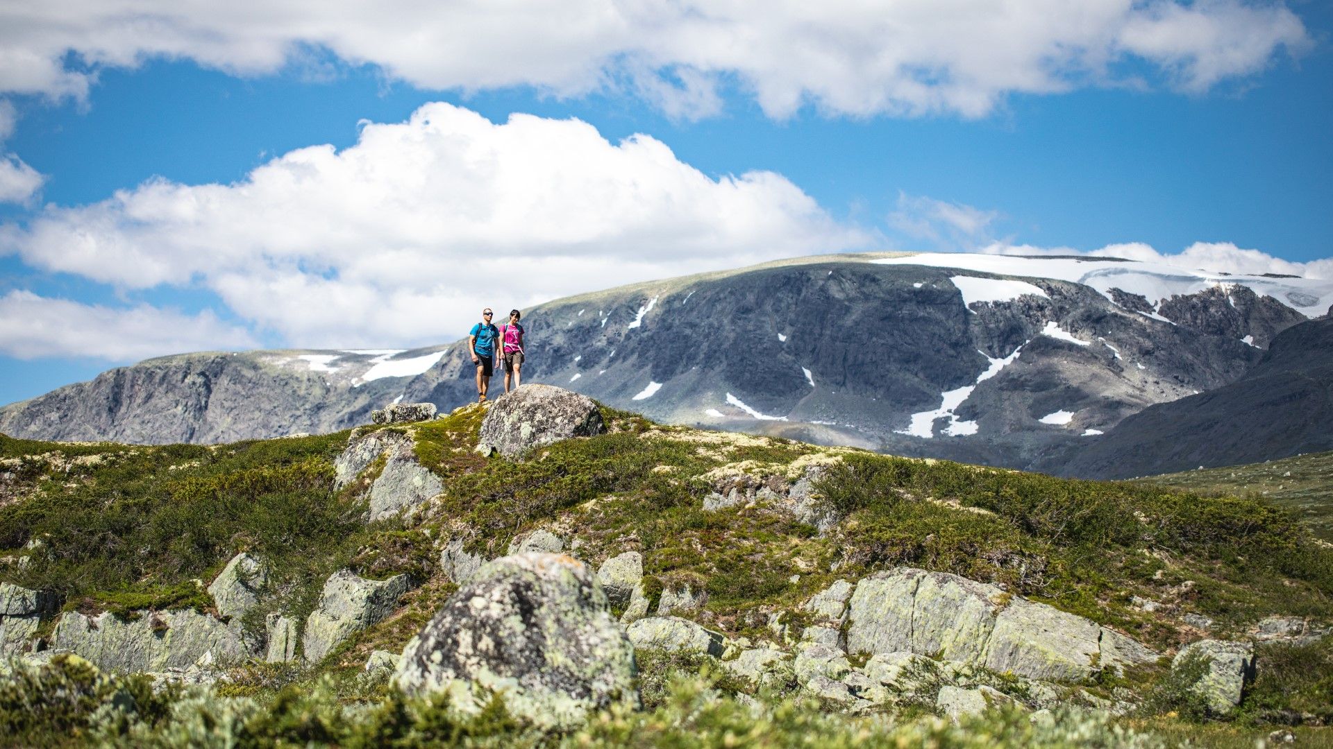 Et par går på fjellet på Hallingskarvet om sommeren. Foto