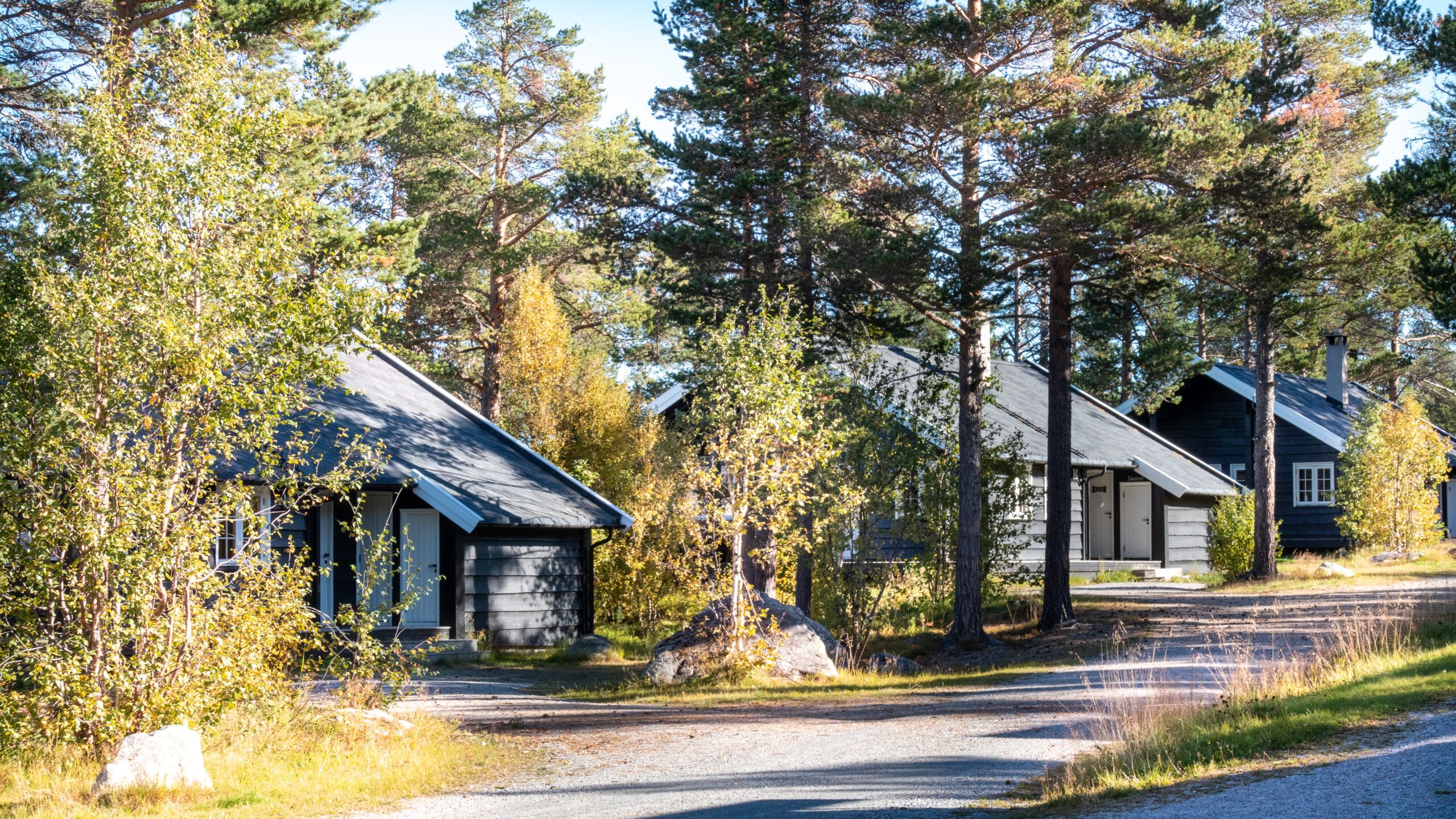 Hyttetun med flere hytter, høstfarge på trærne. Foto